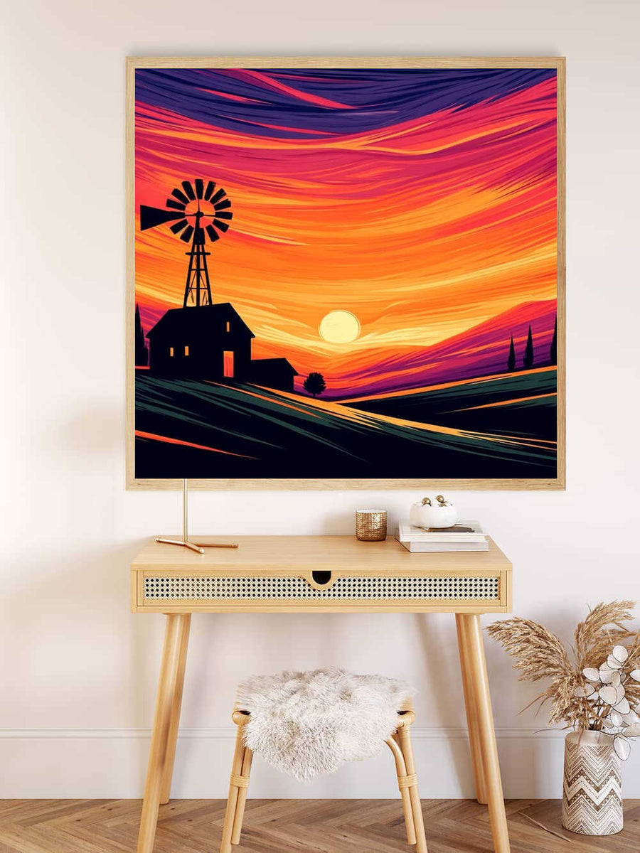 Paint by Numbers - Fiery evening sky with a windmill and farmhouse silhouette against a dramatic sunset in orange and red tones, expressionist painting.
