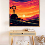 Paint by Numbers - Fiery evening sky with a windmill and farmhouse silhouette against a dramatic sunset in orange and red tones, expressionist painting.