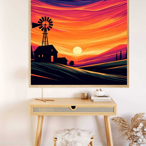 Paint by Numbers - Fiery evening sky with a windmill and farmhouse silhouette against a dramatic sunset in orange and red tones, expressionist painting.