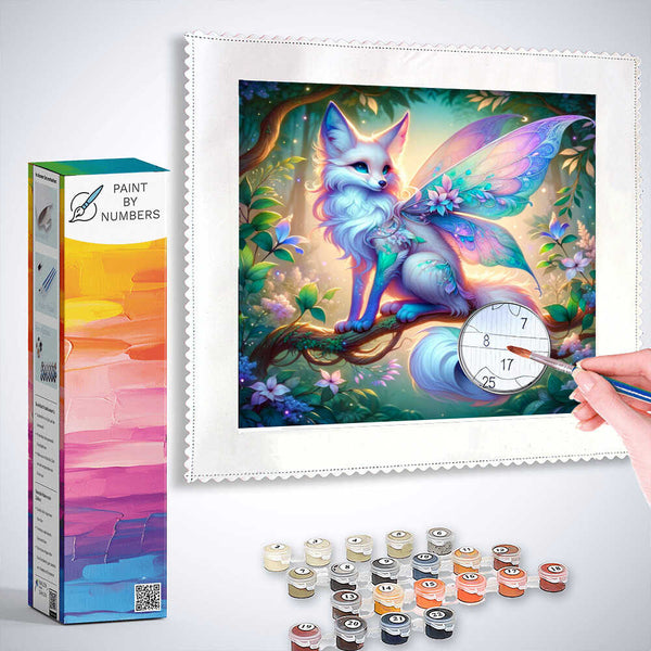 Paint by Numbers - Forest Whispers of Magic kit with half fox, half butterfly creature on a branch, surrounded by twilight hues of blue and purple.
