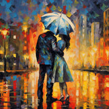 Paint by Numbers - City Love in the Rain; romantic couple under an umbrella in an urban, colorful rainy scene with expressive, warm tones.