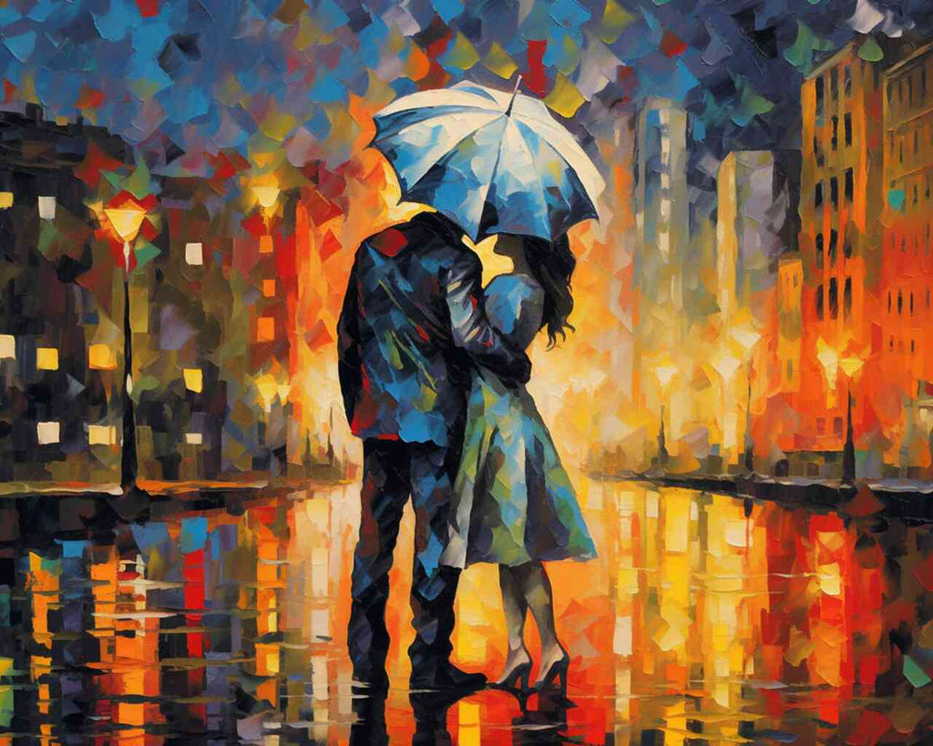 Paint by Numbers - City Love in the Rain; romantic couple under an umbrella in an urban, colorful rainy scene with expressive, warm tones.