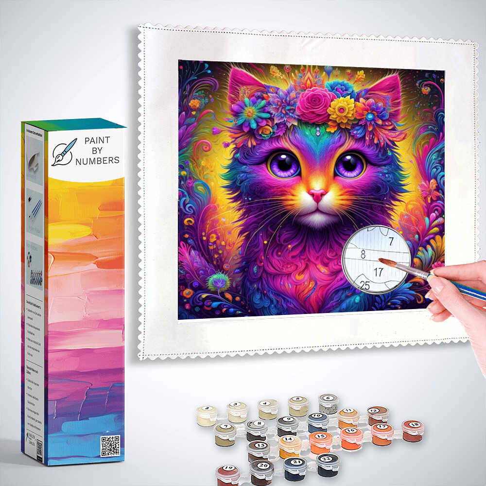Paint by Numbers kit featuring a mystical cat with vibrant colors and floral patterns, combining realism and surrealism for an enchanting experience.
