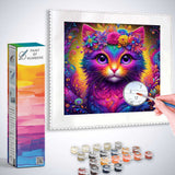 Paint by Numbers kit featuring a mystical cat with vibrant colors and floral patterns, combining realism and surrealism for an enchanting experience.