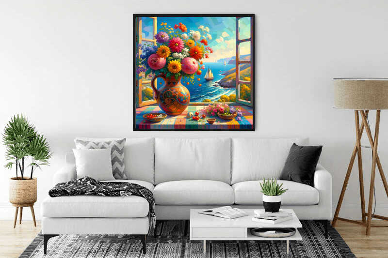 Paint by Numbers - Window view of the Mediterranean featuring a vibrant vase of flowers and sailboats gliding on the sea.