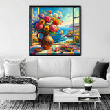 Paint by Numbers - Window view of the Mediterranean featuring a vibrant vase of flowers and sailboats gliding on the sea.