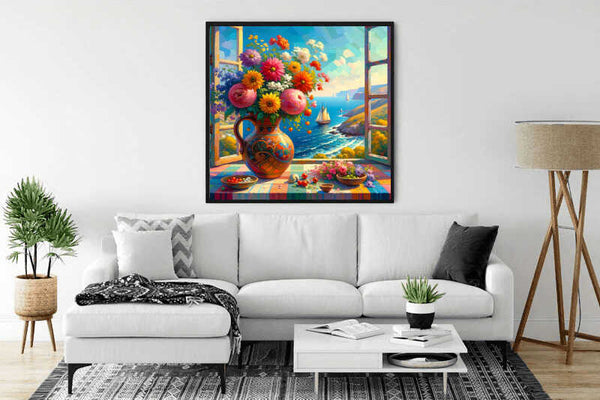 Paint by Numbers - Window view of the Mediterranean featuring a vibrant vase of flowers and sailboats gliding on the sea.
