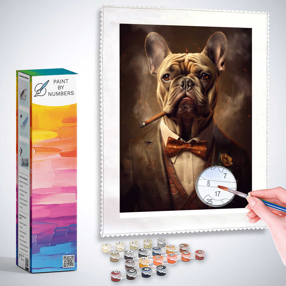 Paint by Numbers kit featuring a bulldog gentleman in a suit, smoking a cigar, with a dramatic background in warm earth tones and fiery glow.