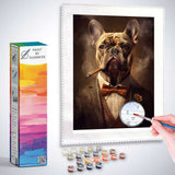 Paint by Numbers kit featuring a bulldog gentleman in a suit, smoking a cigar, with a dramatic background in warm earth tones and fiery glow.