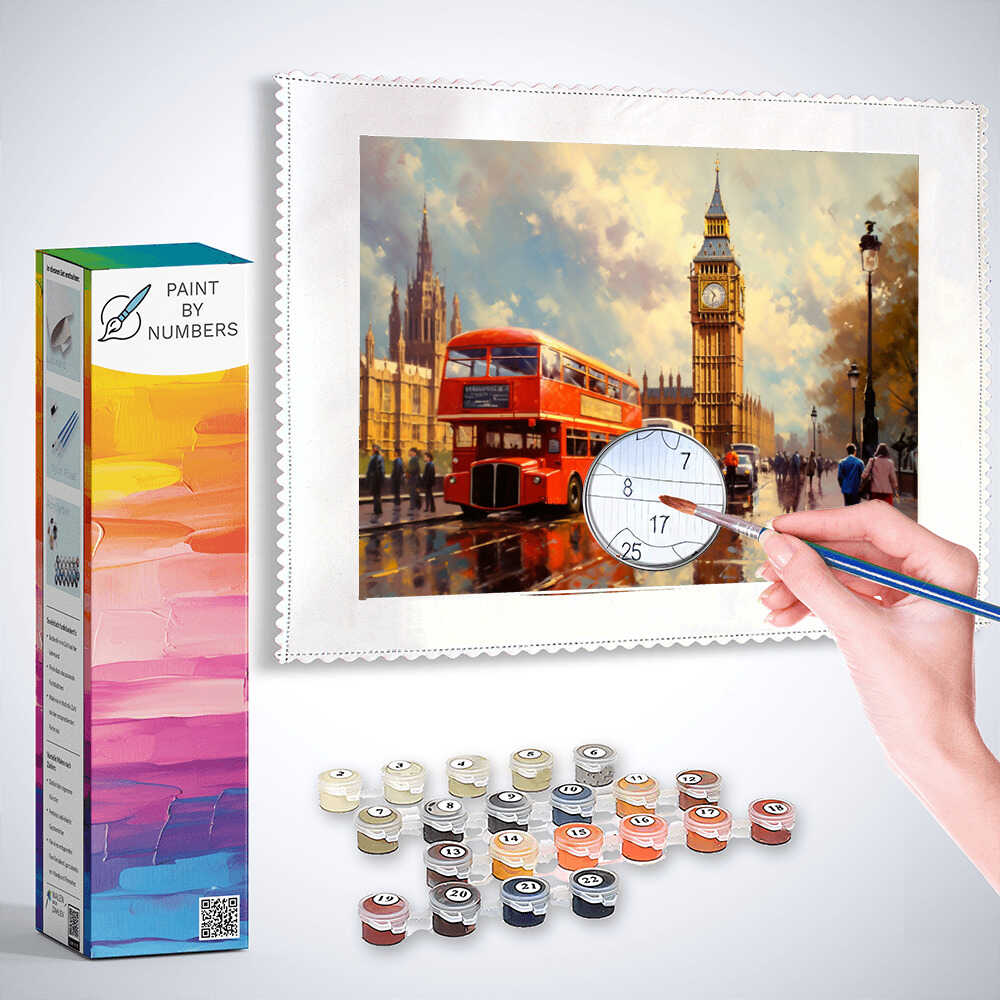 Person painting a Paint by Numbers scene of London with Big Ben, a double-decker bus, and vibrant reflections on wet streets.