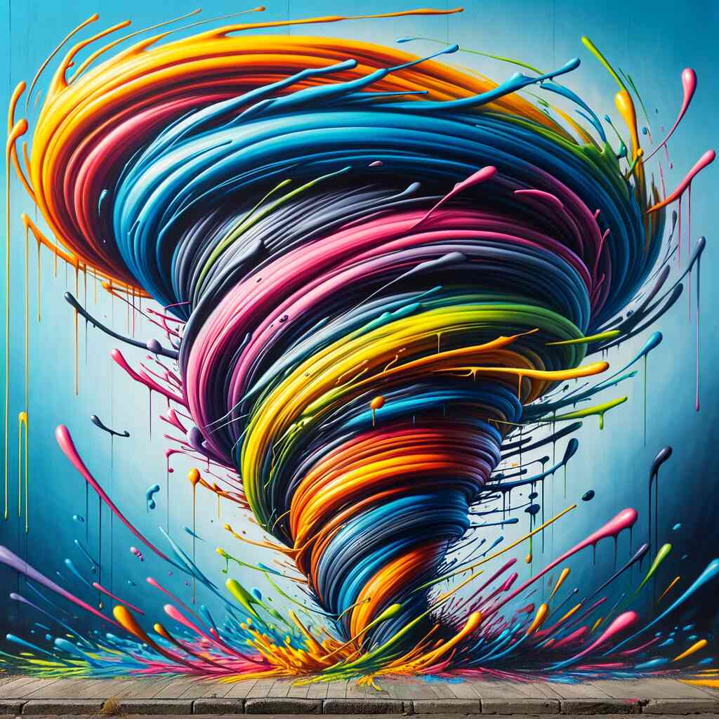 Paint by Numbers Color Vortex of Passion artwork in Banksy style with vibrant orange, blue, pink, and yellow swirling together.