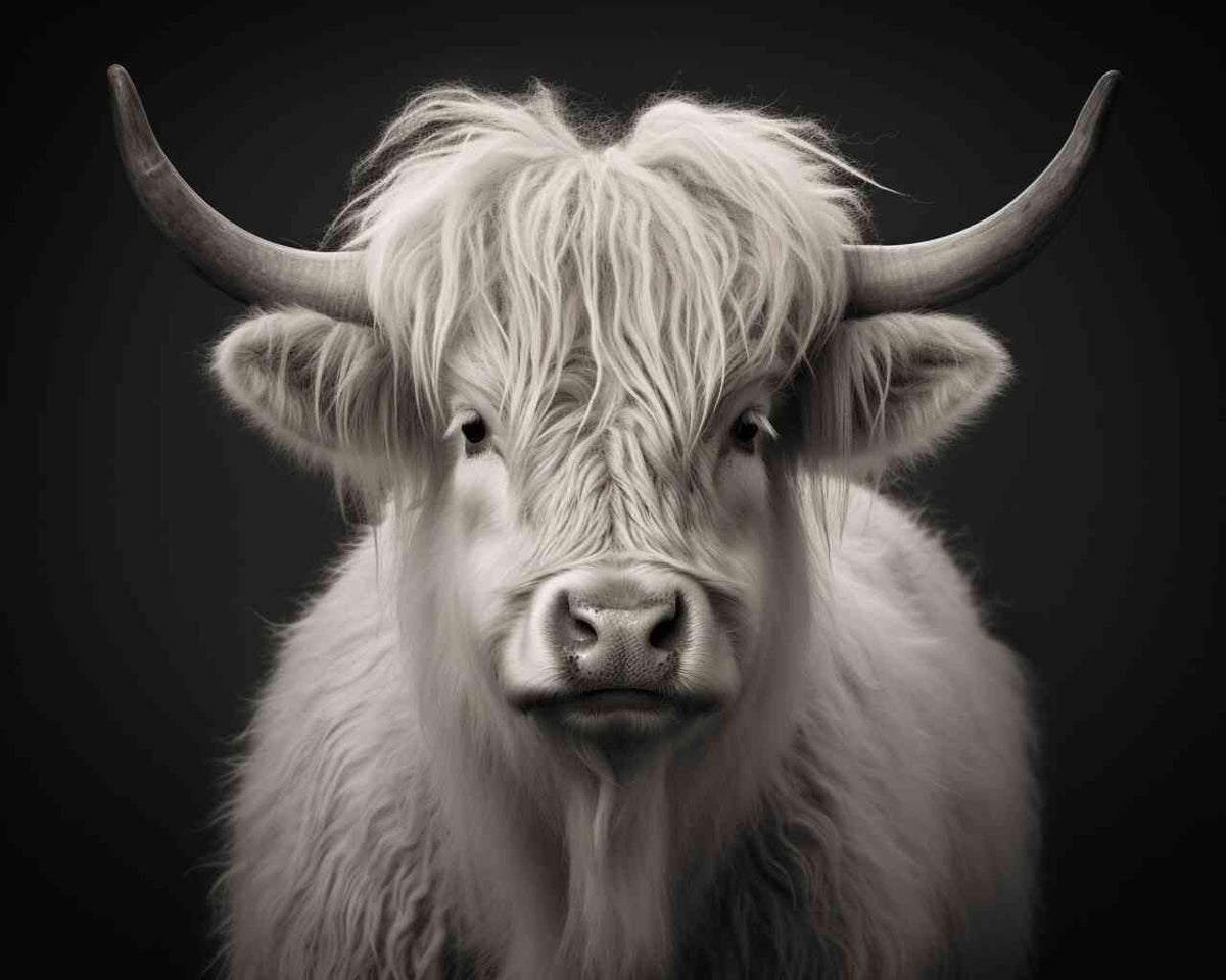 Paint by Numbers - Whispering Silence shows a monochrome highland cattle with thick white fur and sharp horns, conveying calm and earthiness.