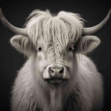 Paint by Numbers - Whispering Silence shows a monochrome highland cattle with thick white fur and sharp horns, conveying calm and earthiness.