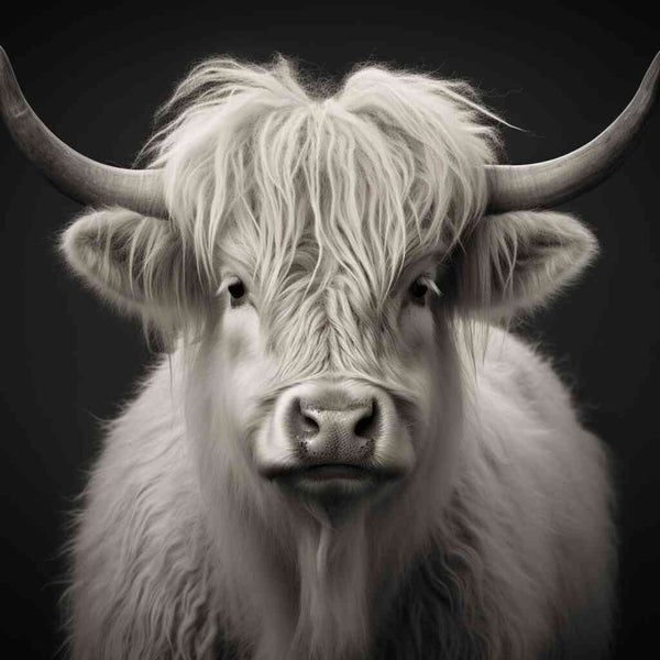 Paint by Numbers - Whispering Silence shows a monochrome highland cattle with thick white fur and sharp horns, conveying calm and earthiness.