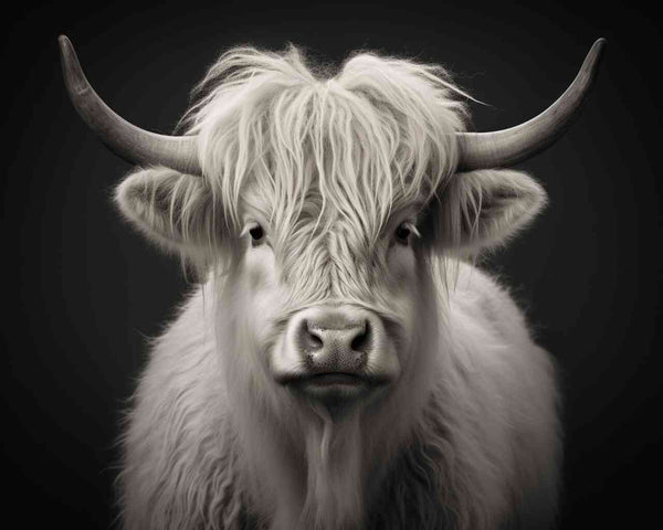 Paint by Numbers - Whispering Silence shows a monochrome highland cattle with thick white fur and sharp horns, conveying calm and earthiness.