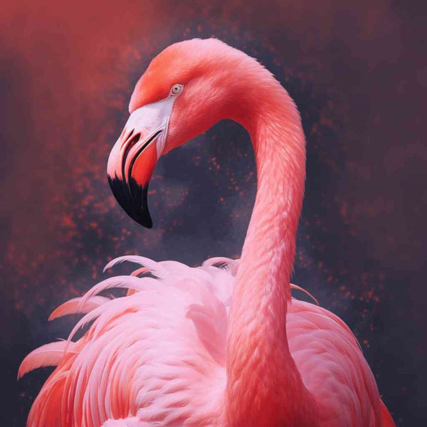Paint by Numbers kit featuring a majestic flamingo with coral plumage against a sensual red background, embodying nature's passion and grace.