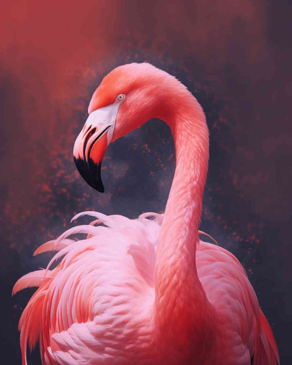 Paint by Numbers kit featuring a majestic flamingo with coral plumage against a sensual red background, embodying nature's passion and grace.