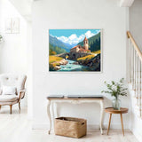 Paint by Numbers - Alpine Peace, Mountain Church; rustic stone house by a river beneath an ancient bridge in a tranquil mountain landscape.