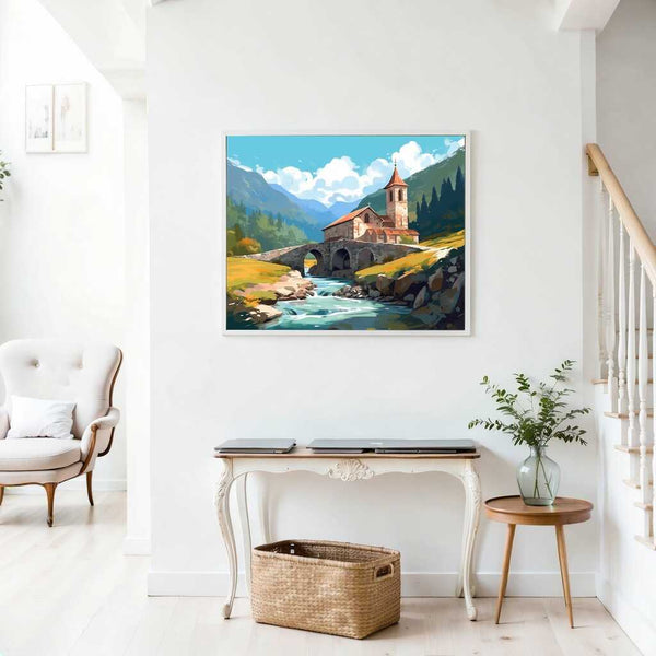 Paint by Numbers - Alpine Peace, Mountain Church; rustic stone house by a river beneath an ancient bridge in a tranquil mountain landscape.