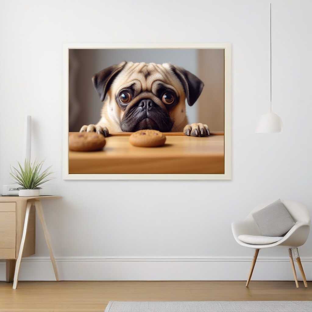Paint by Numbers artwork of a pug with pleading eyes staring at two biscuits on the table, surrounded by soft brown tones.