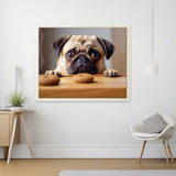 Paint by Numbers artwork of a pug with pleading eyes staring at two biscuits on the table, surrounded by soft brown tones.