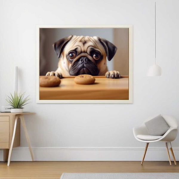 Paint by Numbers artwork of a pug with pleading eyes staring at two biscuits on the table, surrounded by soft brown tones.