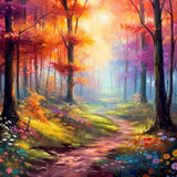 Paint by Numbers - Magic Forest in the Morning Light, luminous forest path with crimson, golden trees, and pastel flowers, Mediterranean landscape