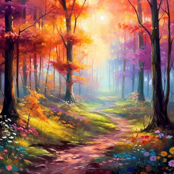 Paint by Numbers - Magic Forest in the Morning Light, luminous forest path with crimson, golden trees, and pastel flowers, Mediterranean landscape