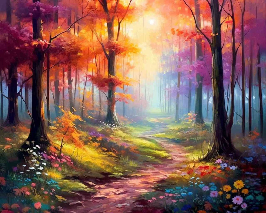 Paint by Numbers - Magic Forest in the Morning Light, luminous forest path with crimson, golden trees, and pastel flowers, Mediterranean landscape