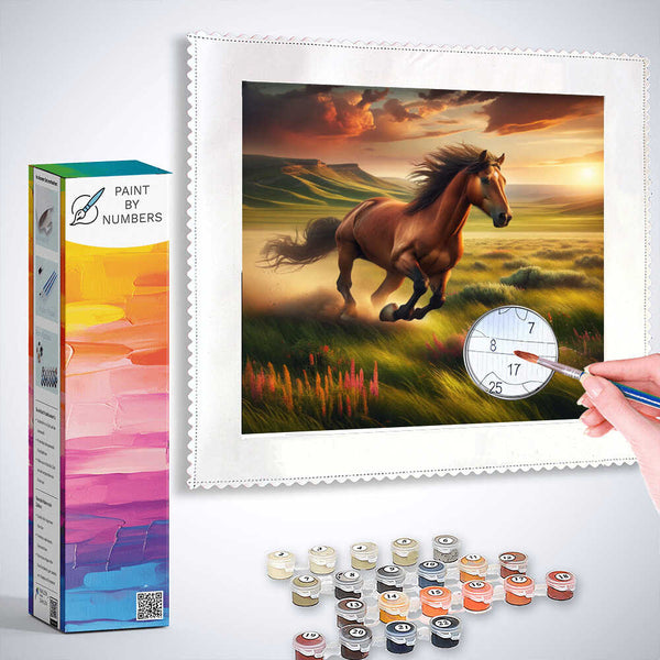 Paint by Numbers kit - Freedom at Sunset features a horse galloping through a vibrant landscape at sunset, with paints and brush.