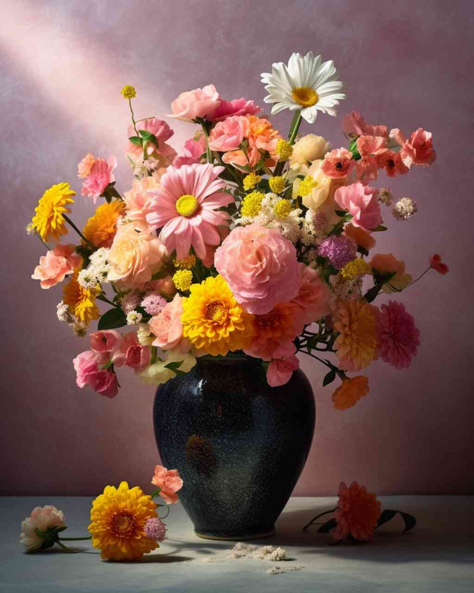 Paint by Numbers - Floral Awakening: Modern still life of vibrant pink, yellow, and orange flowers in a dark jug, evoking lightness and romantic grace.