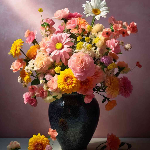 Paint by Numbers - Floral Awakening: Modern still life of vibrant pink, yellow, and orange flowers in a dark jug, evoking lightness and romantic grace.
