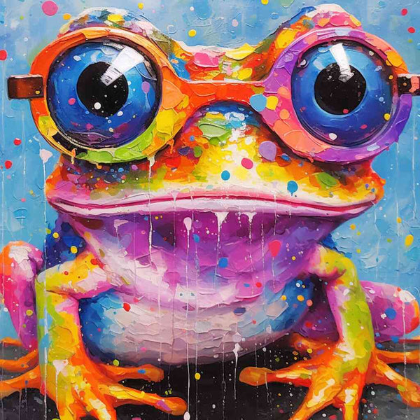 Paint by Numbers - Colorful frog with goggle eyes and vibrant colors in playful cartoon style.