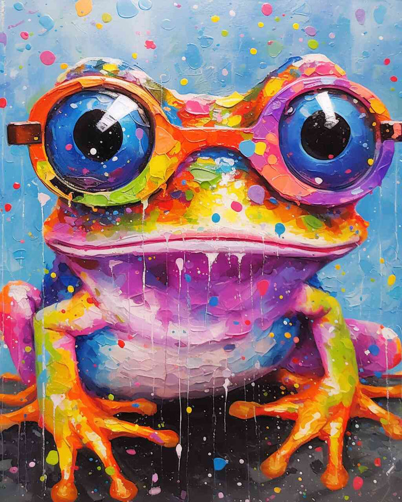 Paint by Numbers - Colorful frog with goggle eyes and vibrant colors in playful cartoon style.