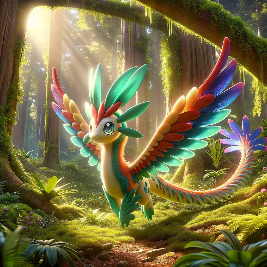 Paint by Numbers - Forest of Wonders; vibrant fantasy creature with iridescent wings in sunlit green forest with exotic flora.