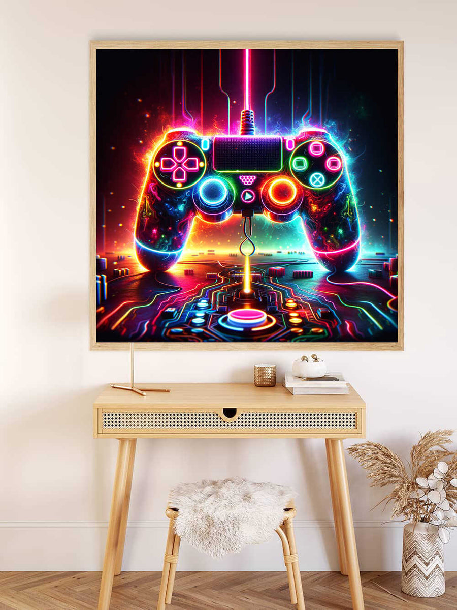Paint by Numbers - Neon Symphony of Gaming featuring a glowing game controller with vibrant neon lights on a modern wooden table.