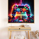 Paint by Numbers - Neon Symphony of Gaming featuring a glowing game controller with vibrant neon lights on a modern wooden table.