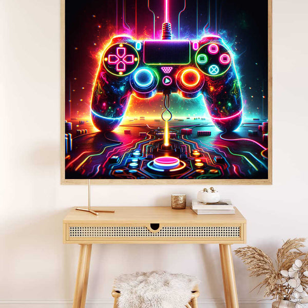 Paint by Numbers - Neon Symphony of Gaming featuring a glowing game controller with vibrant neon lights on a modern wooden table.