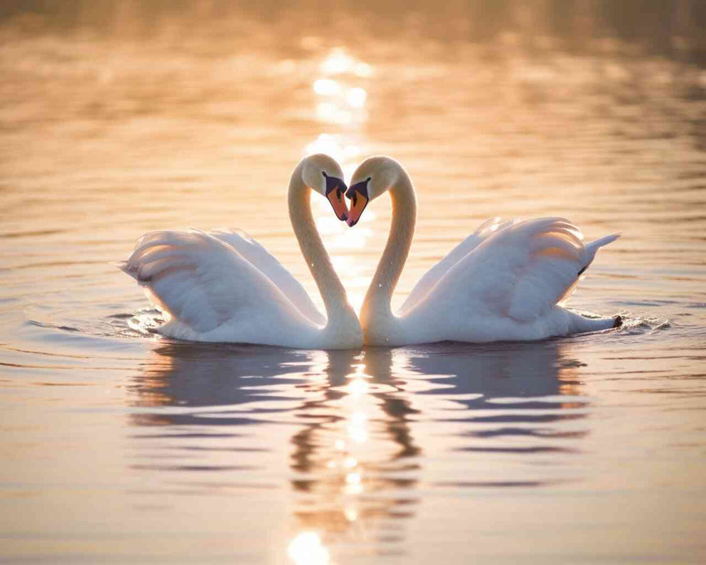 Paint by Numbers - Hidden Tenderness in the Evening Light, swan love creating heart shape in golden glow on calm water.