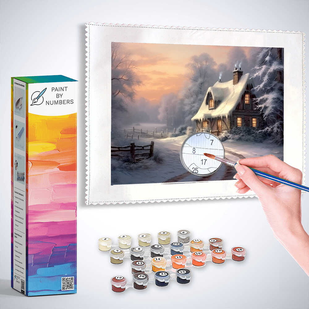 Paint by Numbers set featuring a cozy, snow-covered country house at dusk with warm light flooding from the windows and a serene winter landscape.