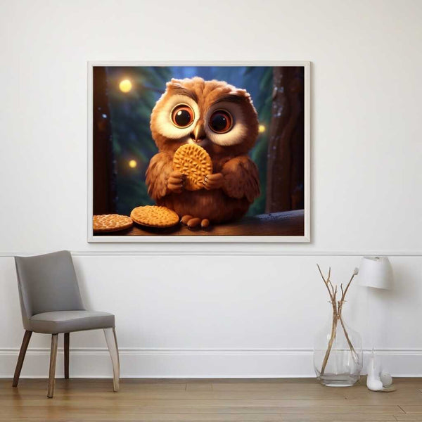 Paint by Numbers artwork of a small owl holding a cookie with warm brown tones and a soft glow, evoking feelings of security and wonder.