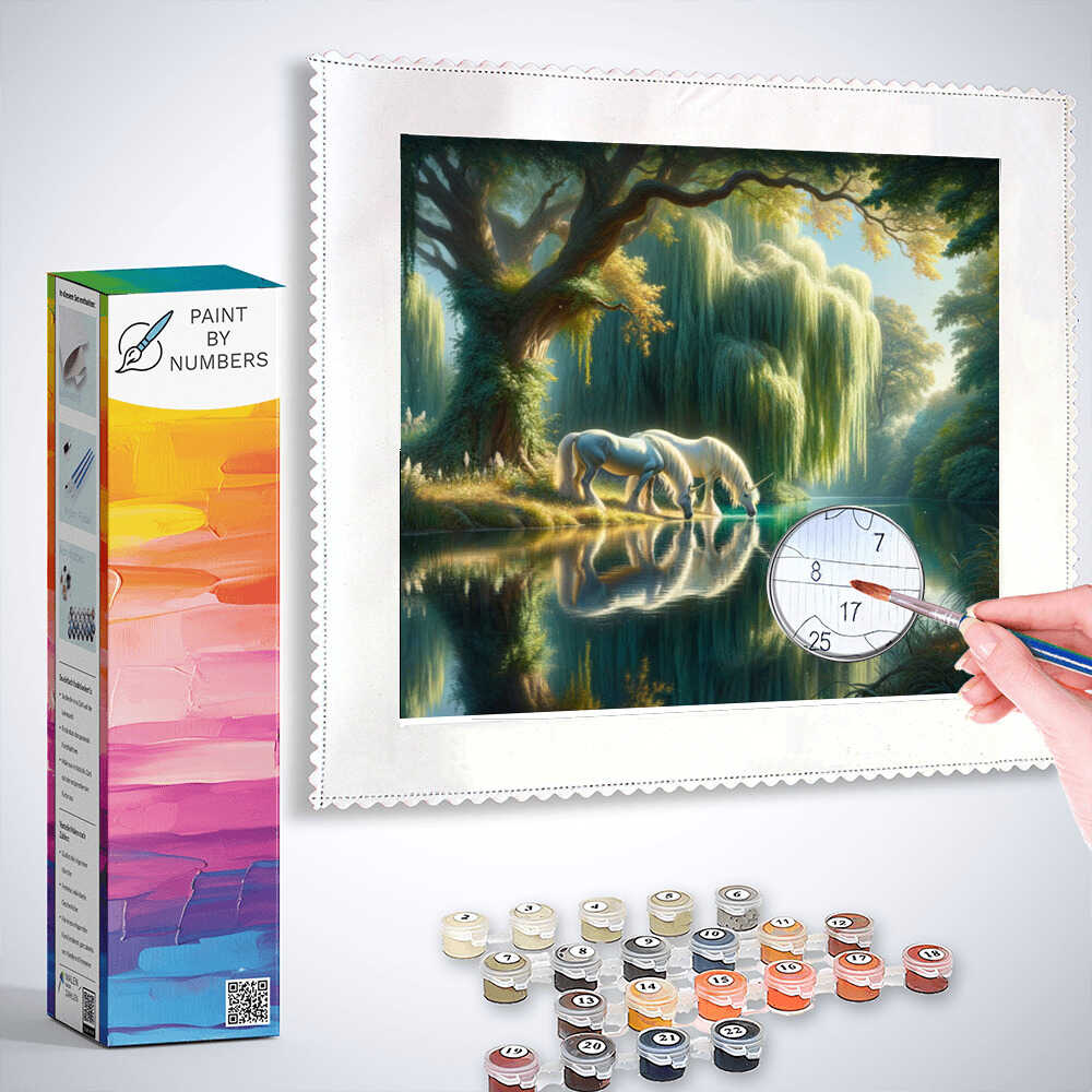 Paint by Numbers kit featuring a mystical glade with a unicorn drinking by a lake, surrounded by sunlight and dense foliage.