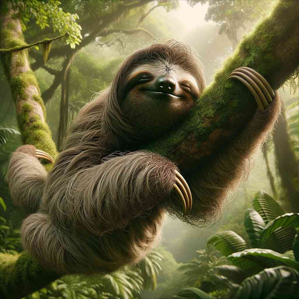 Paint by Numbers of a smiling sloth resting on moss-covered branches in a lush green forest titled 