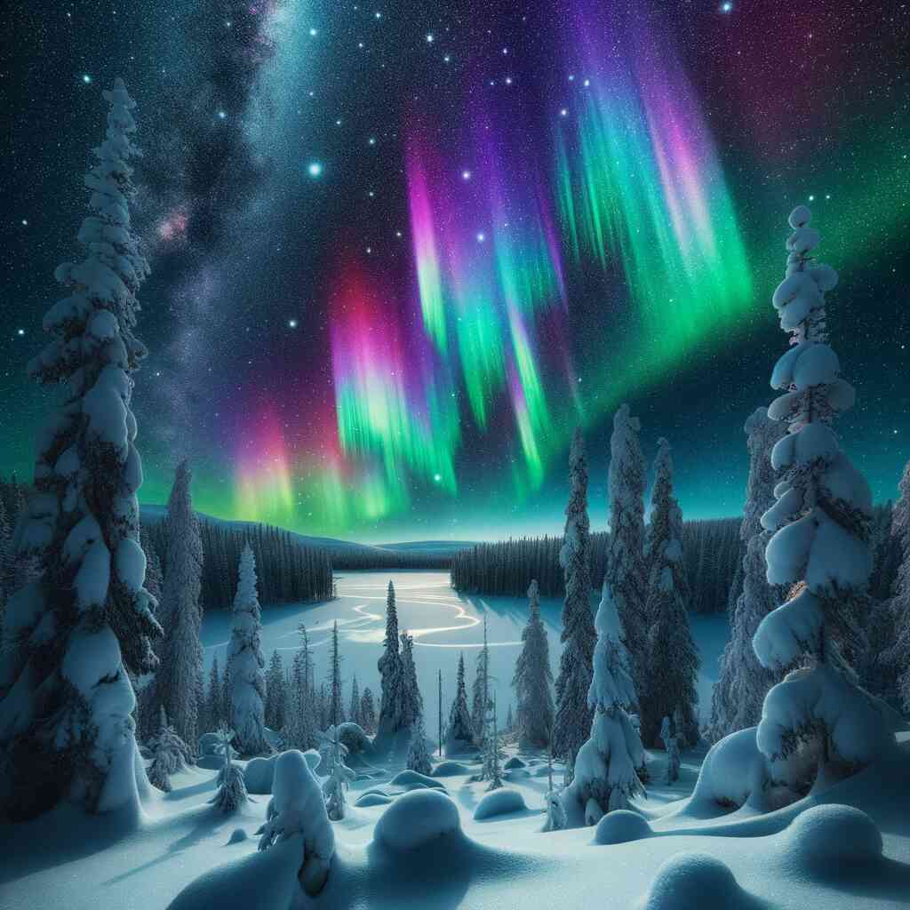Paint by Numbers kit featuring surreal Northern Lights over a snowy winter forest, capturing magical green and purple aurora borealis.