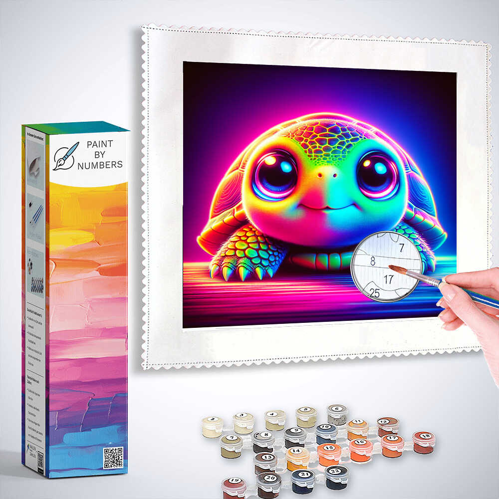 Paint by Numbers kit of a radiant turtle in neon colors, featuring bright paints, numbered guide, and canvas for a surreal and fantasy art project.