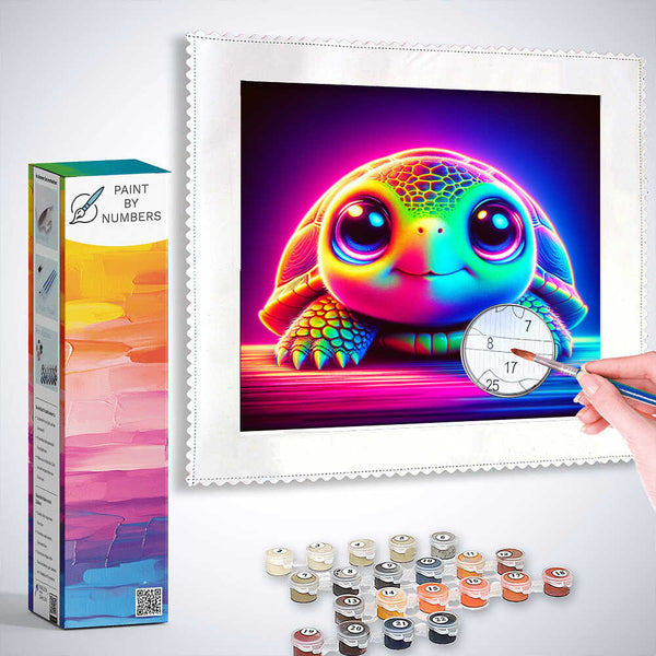 Paint by Numbers kit of a radiant turtle in neon colors, featuring bright paints, numbered guide, and canvas for a surreal and fantasy art project.