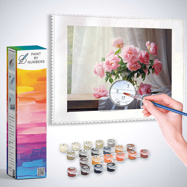 Paint by Numbers kit featuring a still life with blooming peonies in a vase, soft curtain backdrop, and paint supplies including brushes and color pots.