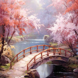 Paint by Numbers - Bridge to the Enchanted, an impressionistic scene featuring a wooden bridge over still water surrounded by pink and white flowers.