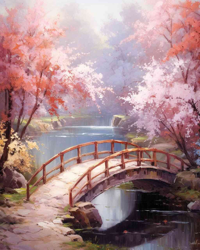 Paint by Numbers - Bridge to the Enchanted, an impressionistic scene featuring a wooden bridge over still water surrounded by pink and white flowers.