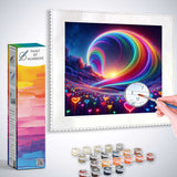 Paint by Numbers - Color Rush of the Heart, neon colored lines forming a luminous wave of love over heart-shaped symbols, paint set included